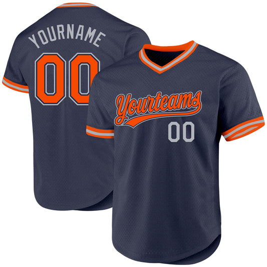Custom Navy Orange-Gray Authentic Throwback Baseball Jersey - Main View