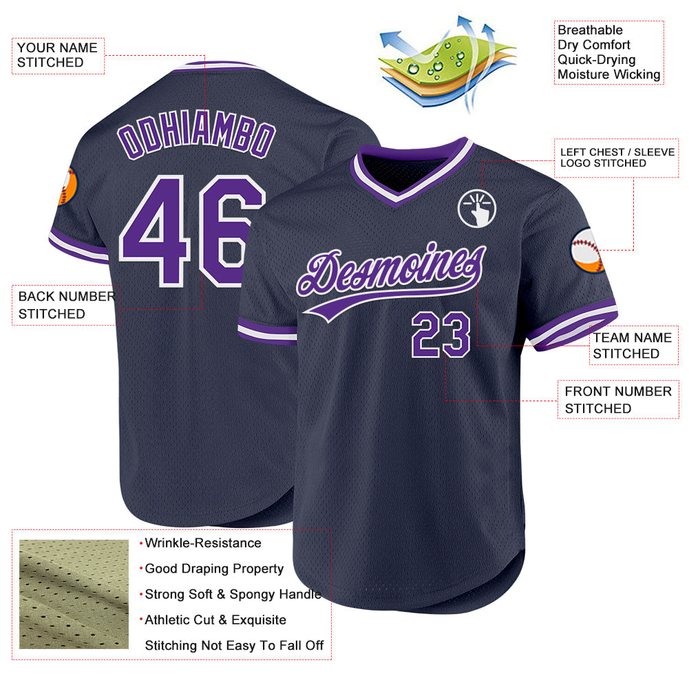 Custom Navy Purple-White Authentic Throwback Baseball Jersey view 3