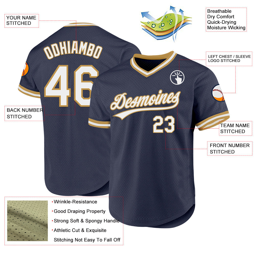 Custom Navy White-Old Gold Authentic Throwback Baseball Jersey view 3