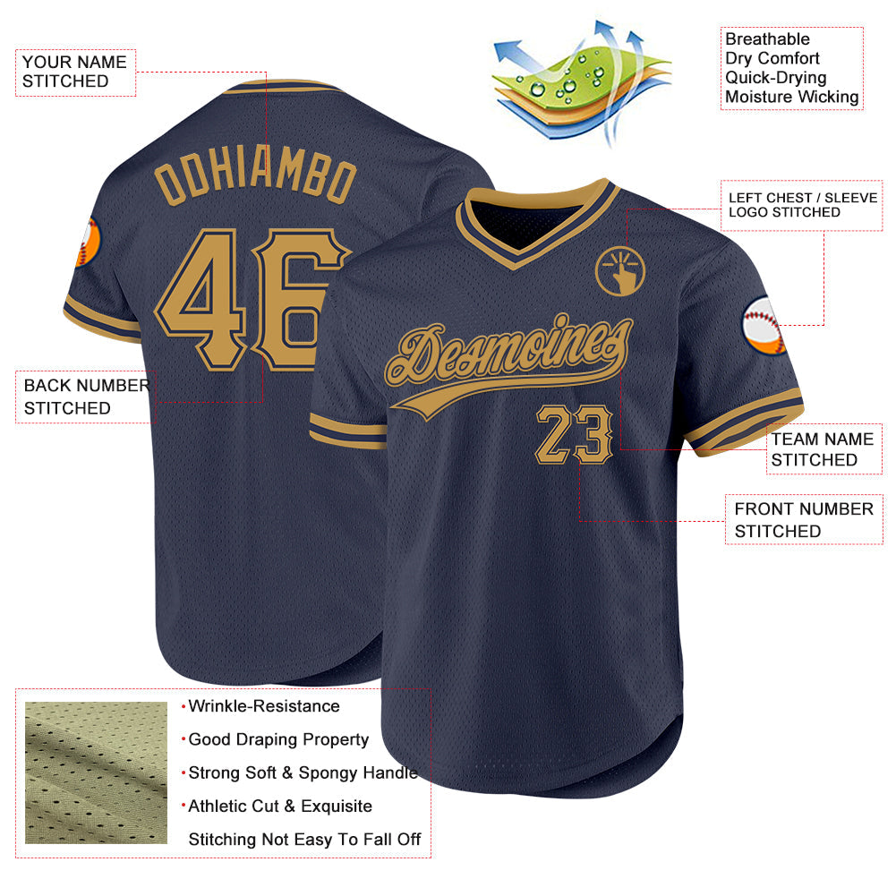 Custom Navy Old Gold Authentic Throwback Baseball Jersey view 3