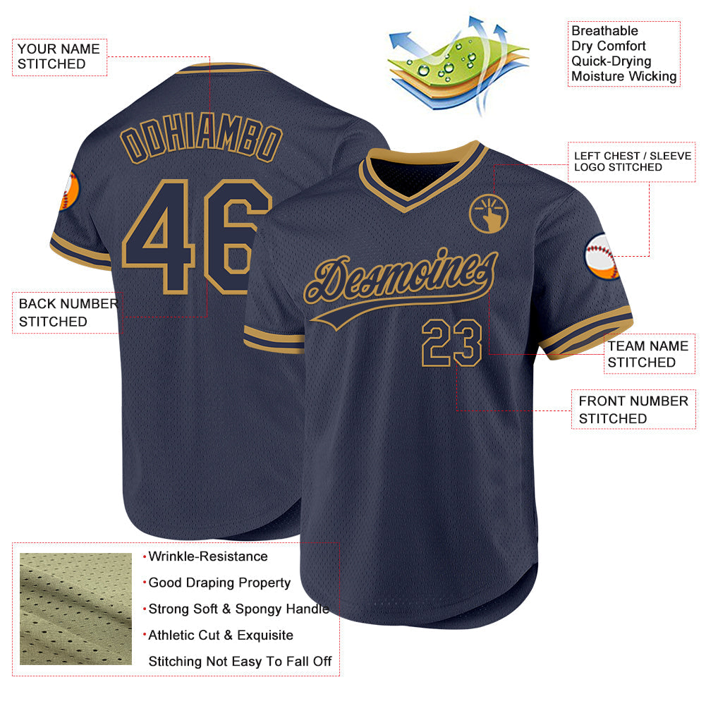 Custom Navy Old Gold Authentic Throwback Baseball Jersey view 3