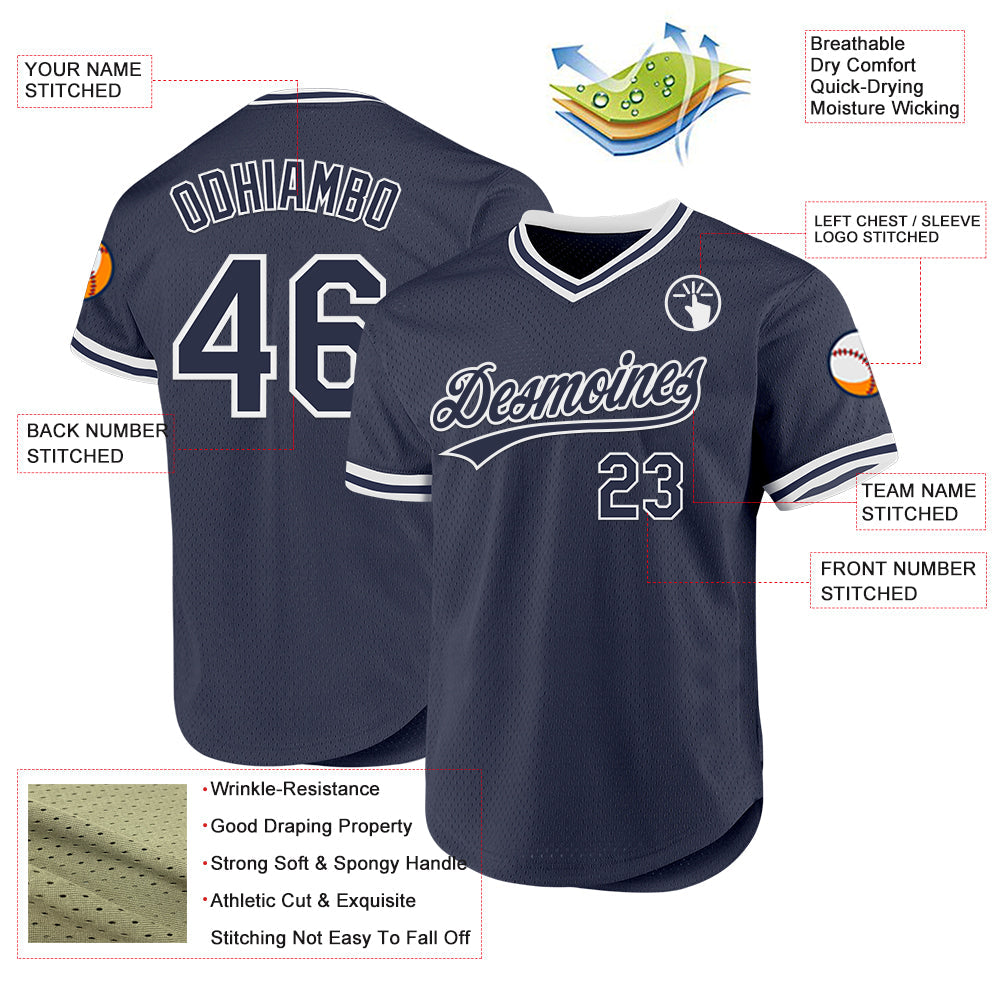 Custom Navy White Authentic Throwback Baseball Jersey view 3