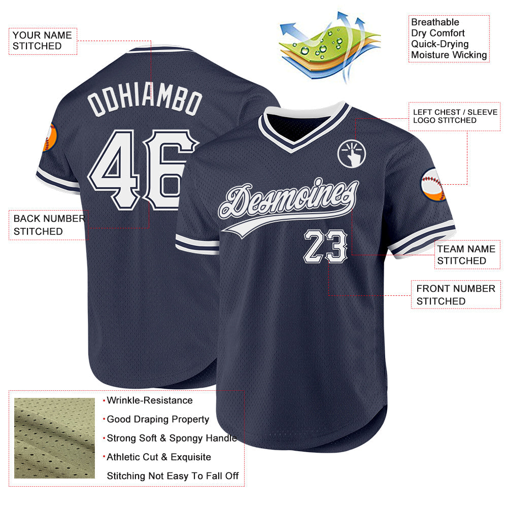 Custom Navy White Authentic Throwback Baseball Jersey view 3