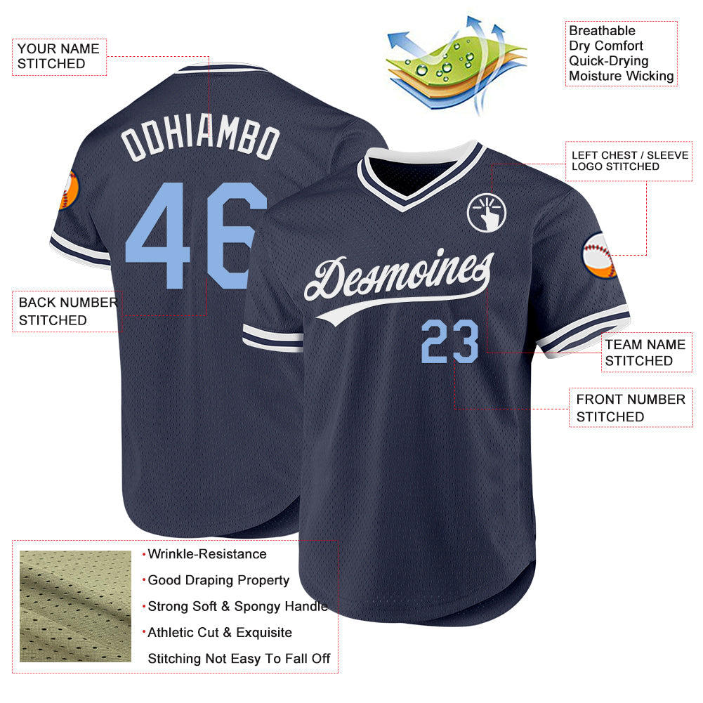 Custom Navy Light Blue-White Authentic Throwback Baseball Jersey view 3