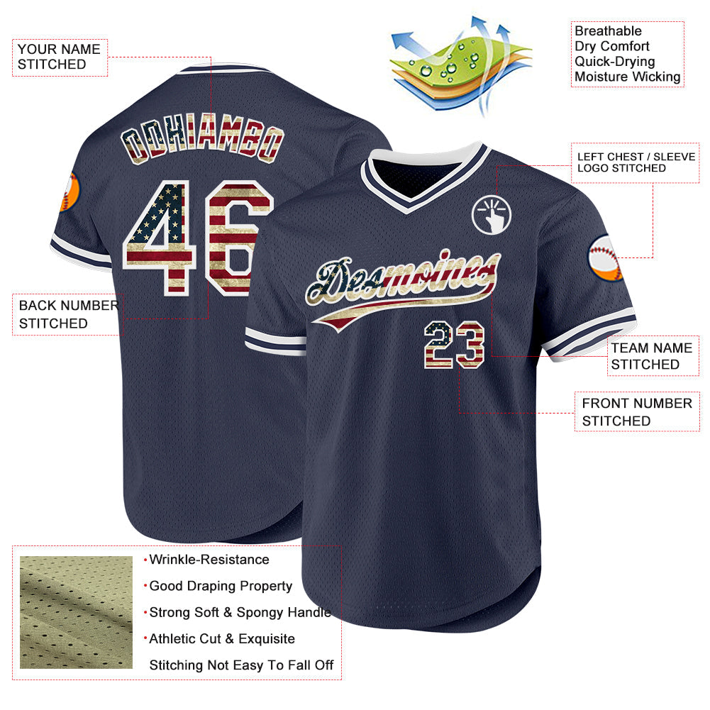 Custom Navy Vintage USA Flag-White Authentic Throwback Baseball Jersey view 3