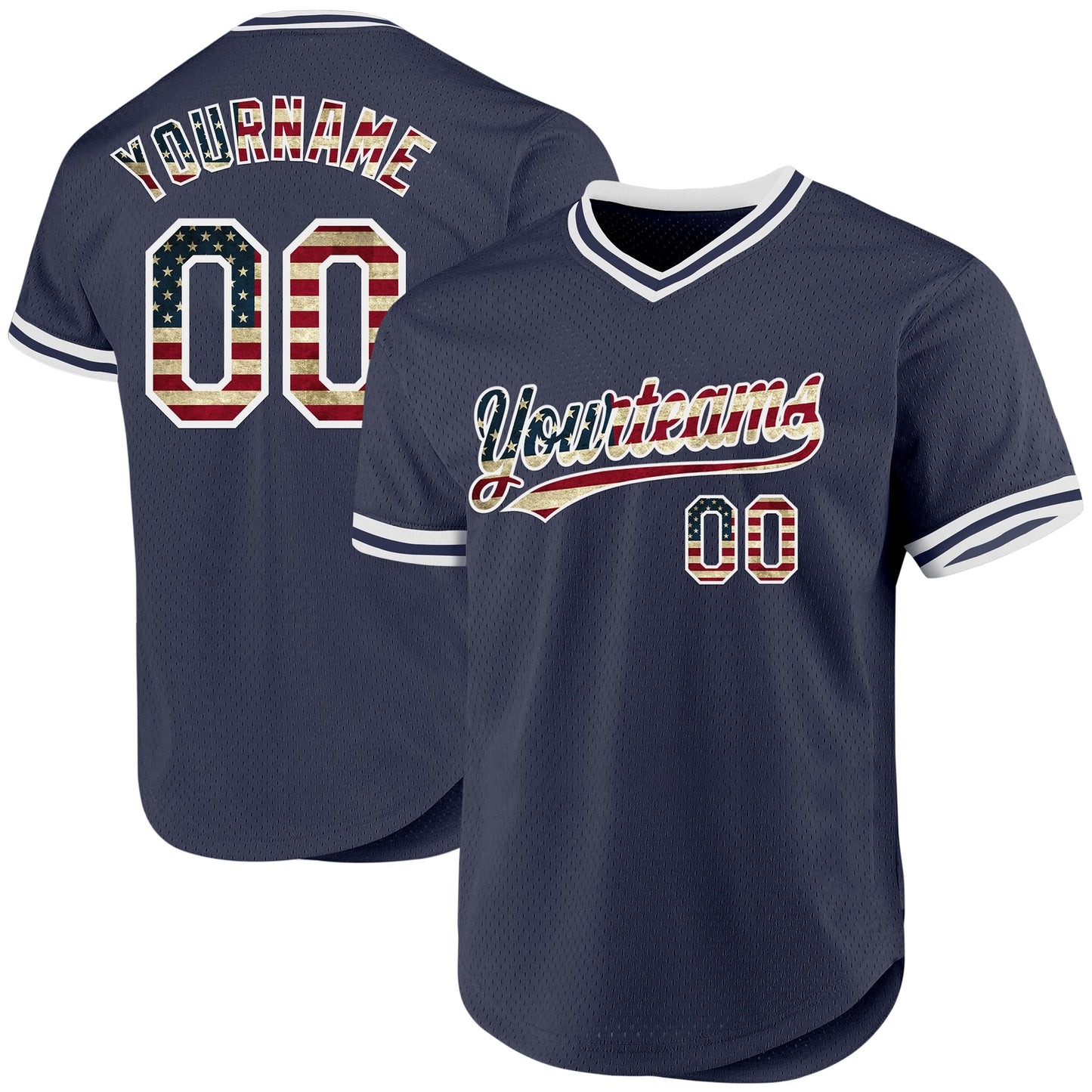 Custom Navy Vintage USA Flag-White Authentic Throwback Baseball Jersey - Main View