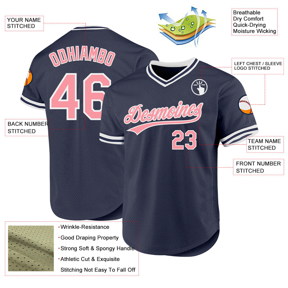 Custom Navy Medium Pink-White Authentic Throwback Baseball Jersey view 3