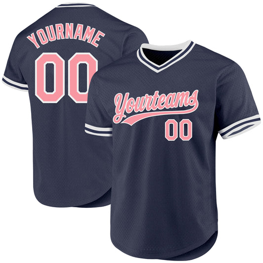 Custom Navy Medium Pink-White Authentic Throwback Baseball Jersey - Main View