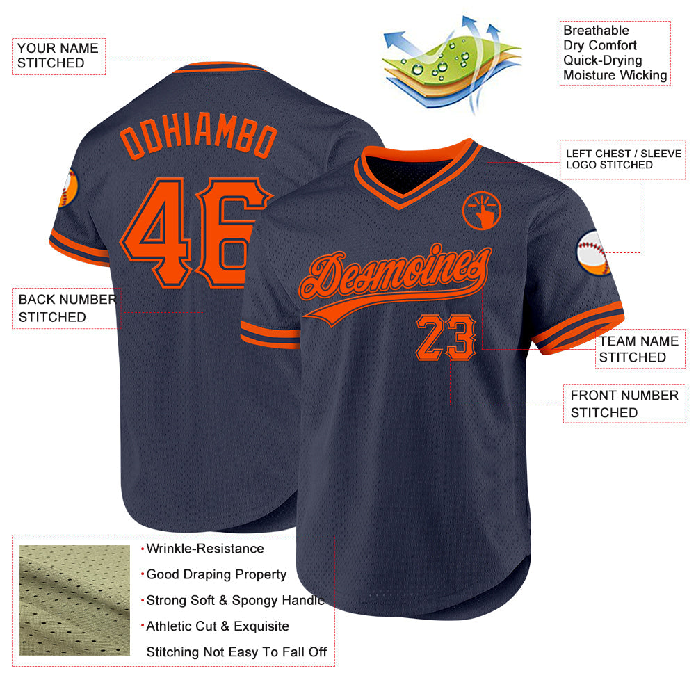 Custom Navy Orange Authentic Throwback Baseball Jersey view 3