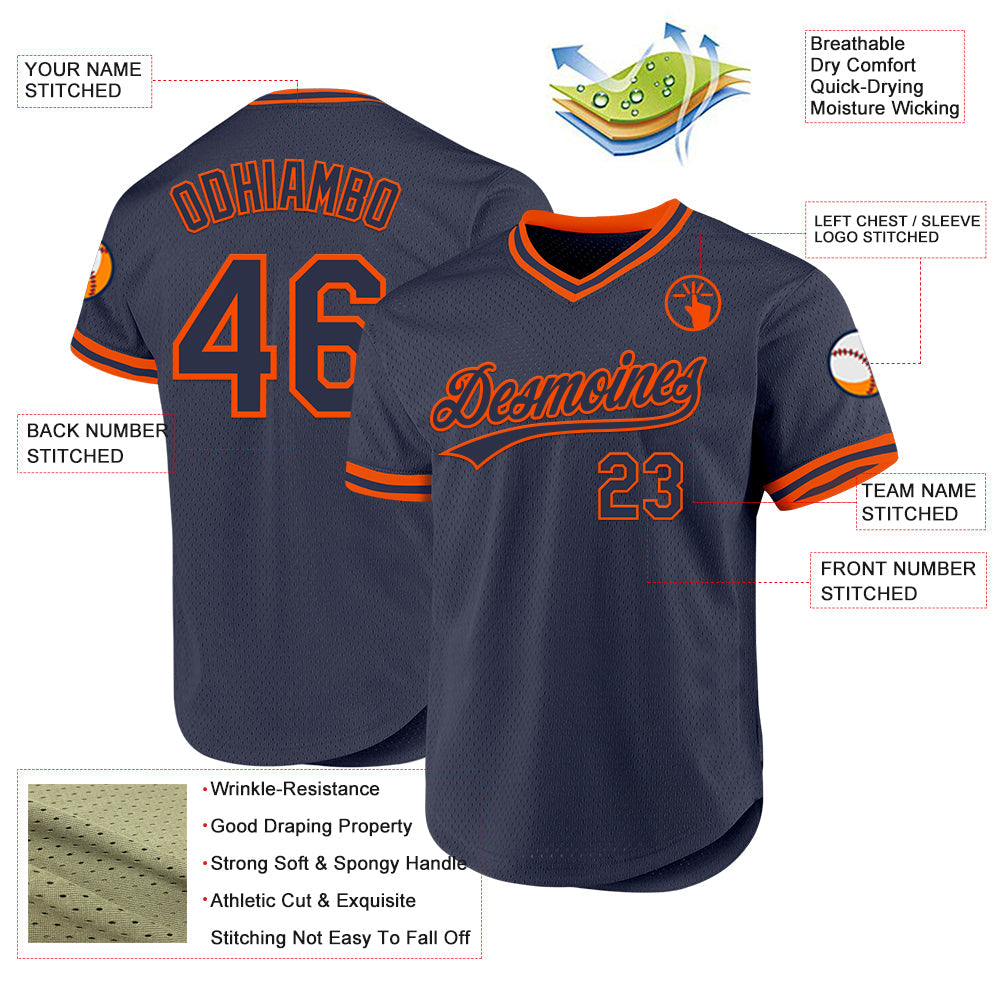 Custom Navy Orange Authentic Throwback Baseball Jersey view 3