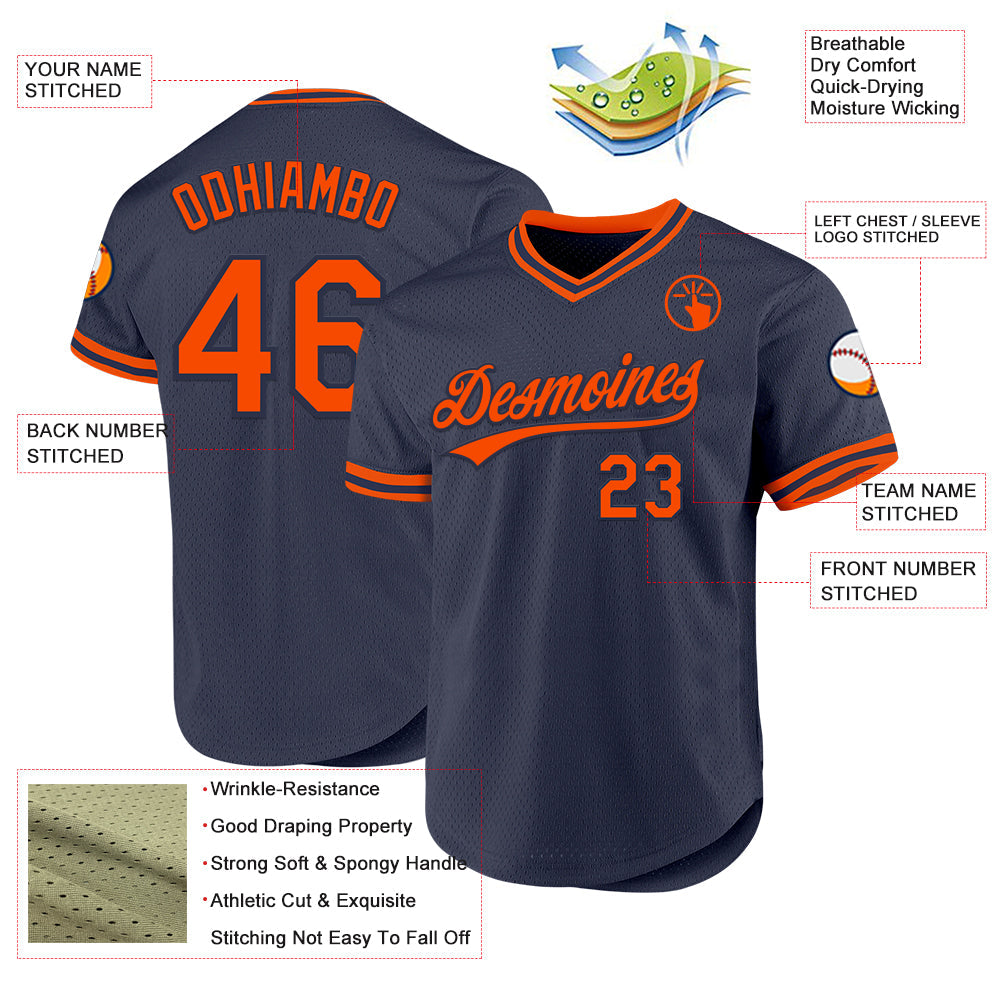 Custom Navy Orange Authentic Throwback Baseball Jersey view 3