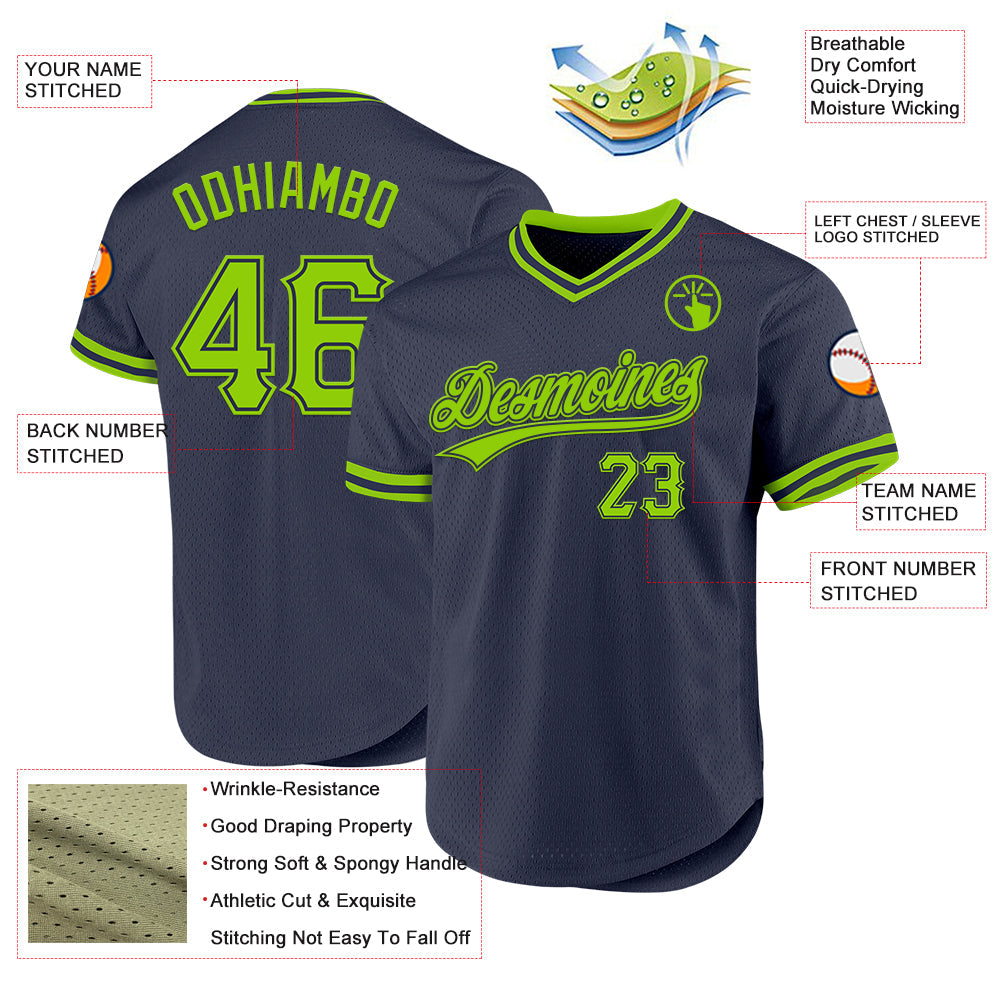 Custom Navy Neon Green Authentic Throwback Baseball Jersey view 3