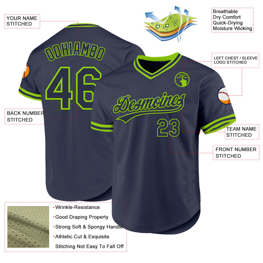 Custom Navy Neon Green Authentic Throwback Baseball Jersey view 3