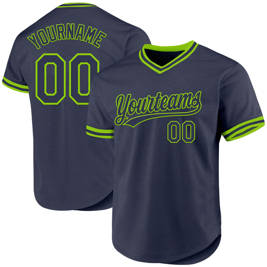 Custom Navy Neon Green Authentic Throwback Baseball Jersey - Main View