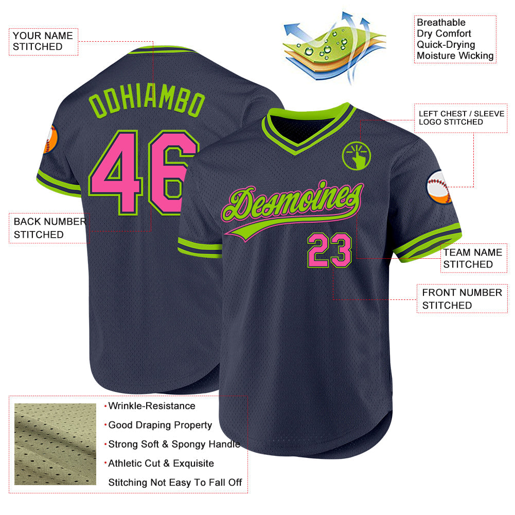 Custom Navy Pink-Neon Green Authentic Throwback Baseball Jersey view 3