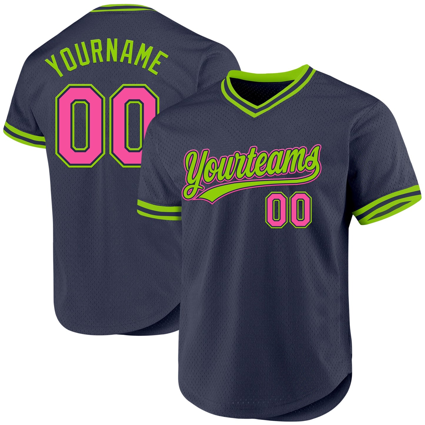 Custom Navy Pink-Neon Green Authentic Throwback Baseball Jersey - Main View