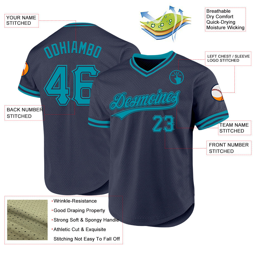 Custom Navy Teal Authentic Throwback Baseball Jersey view 3