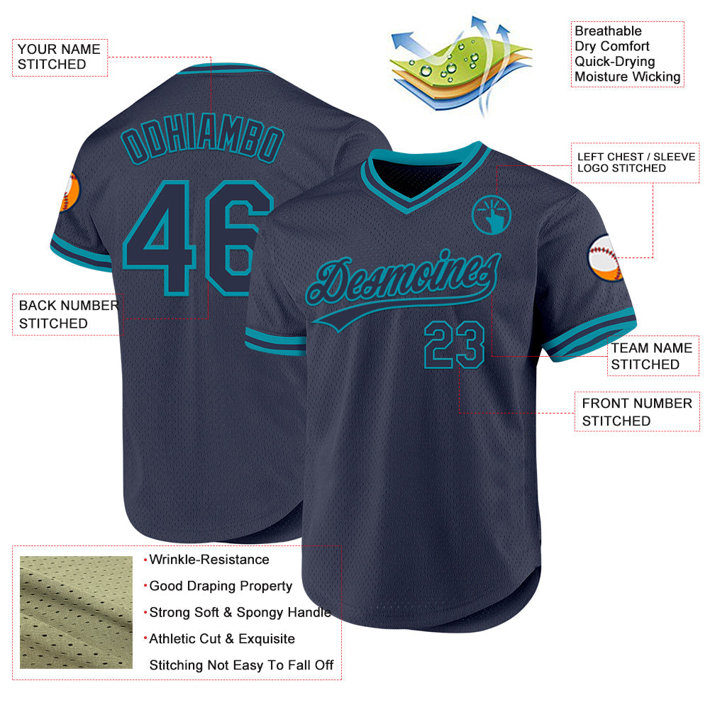 Custom Navy Teal Authentic Throwback Baseball Jersey view 3