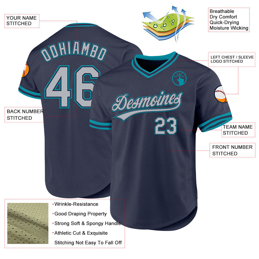 Custom Navy Gray-Teal Authentic Throwback Baseball Jersey view 3