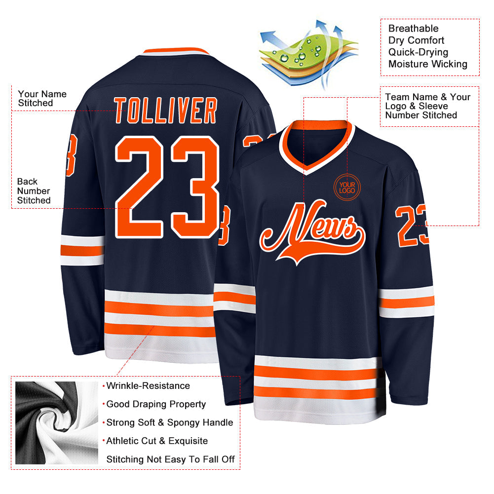 Custom Navy Orange-White Hockey Jersey view 3