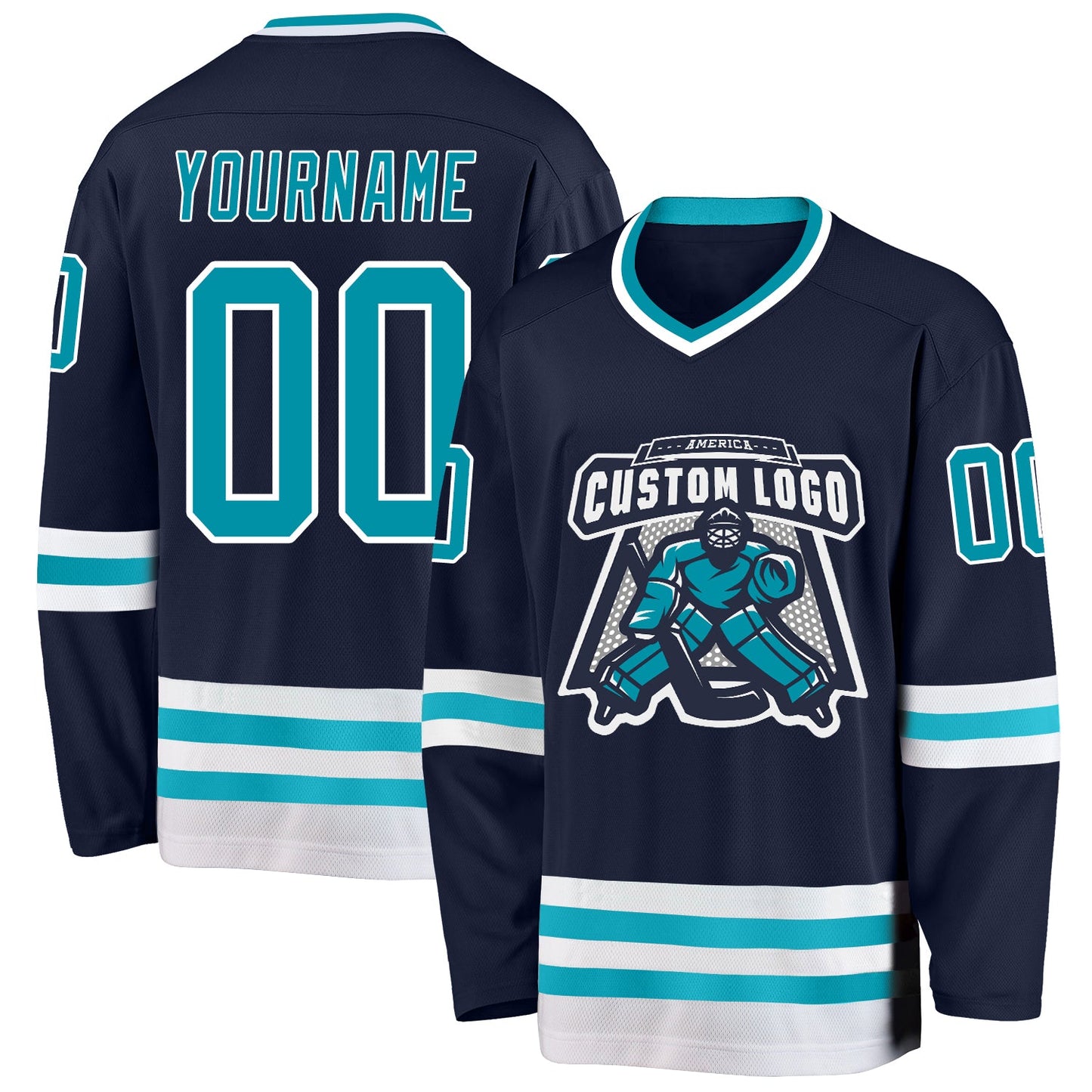 Custom Navy Teal-White Hockey Jersey view 2