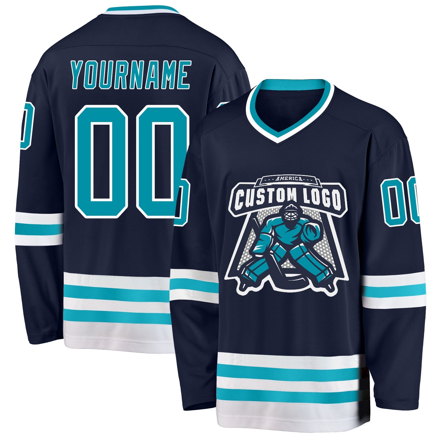 Custom Navy Teal-White Hockey Jersey view 2