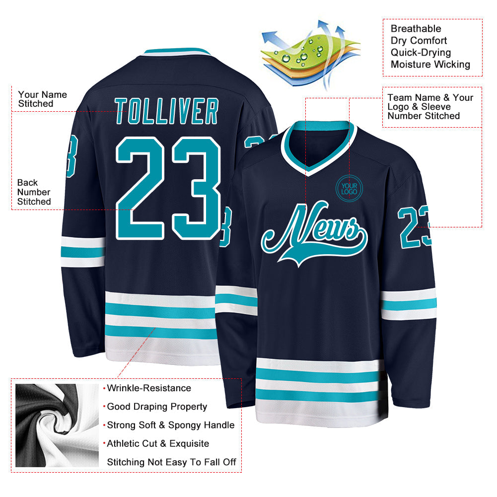 Custom Navy Teal-White Hockey Jersey view 3