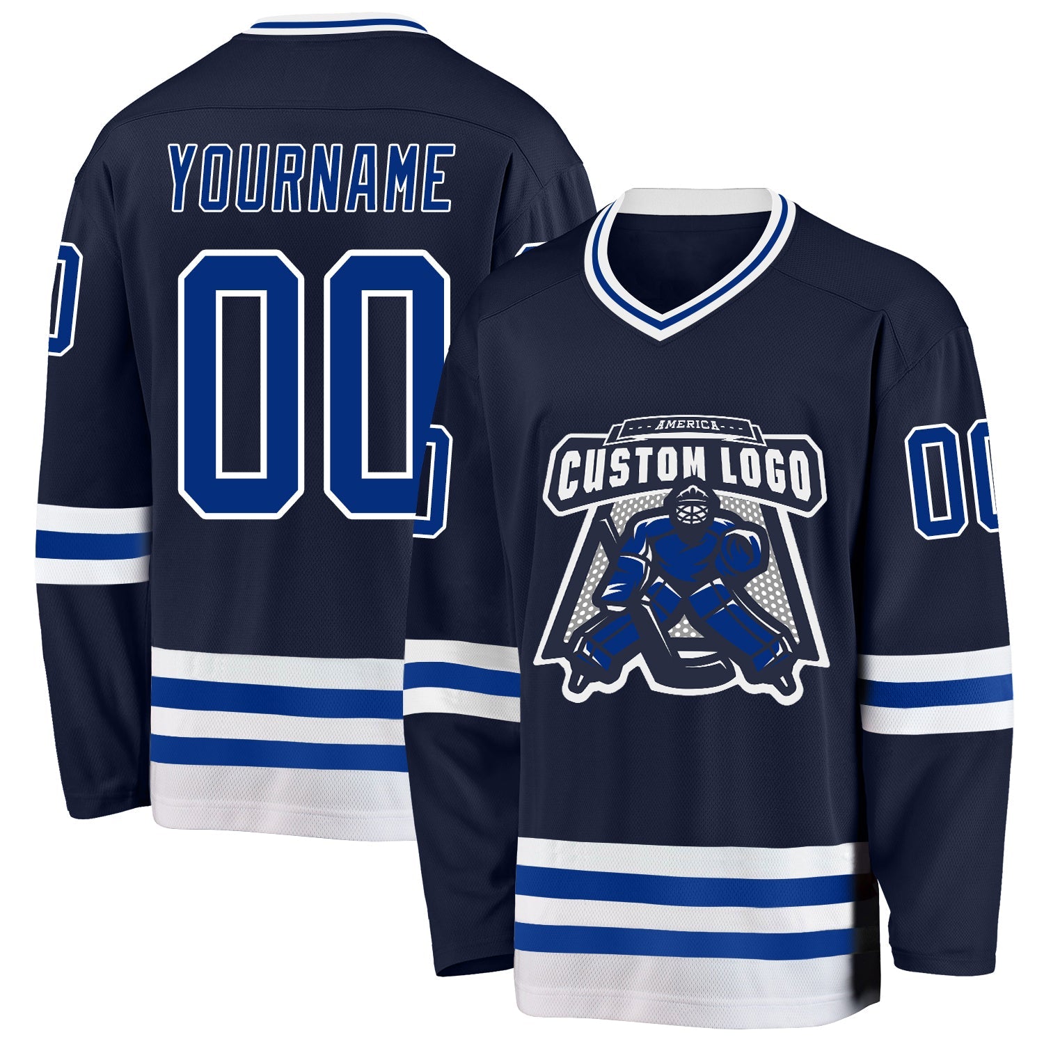 Custom Navy Royal-White Hockey Jersey view 2