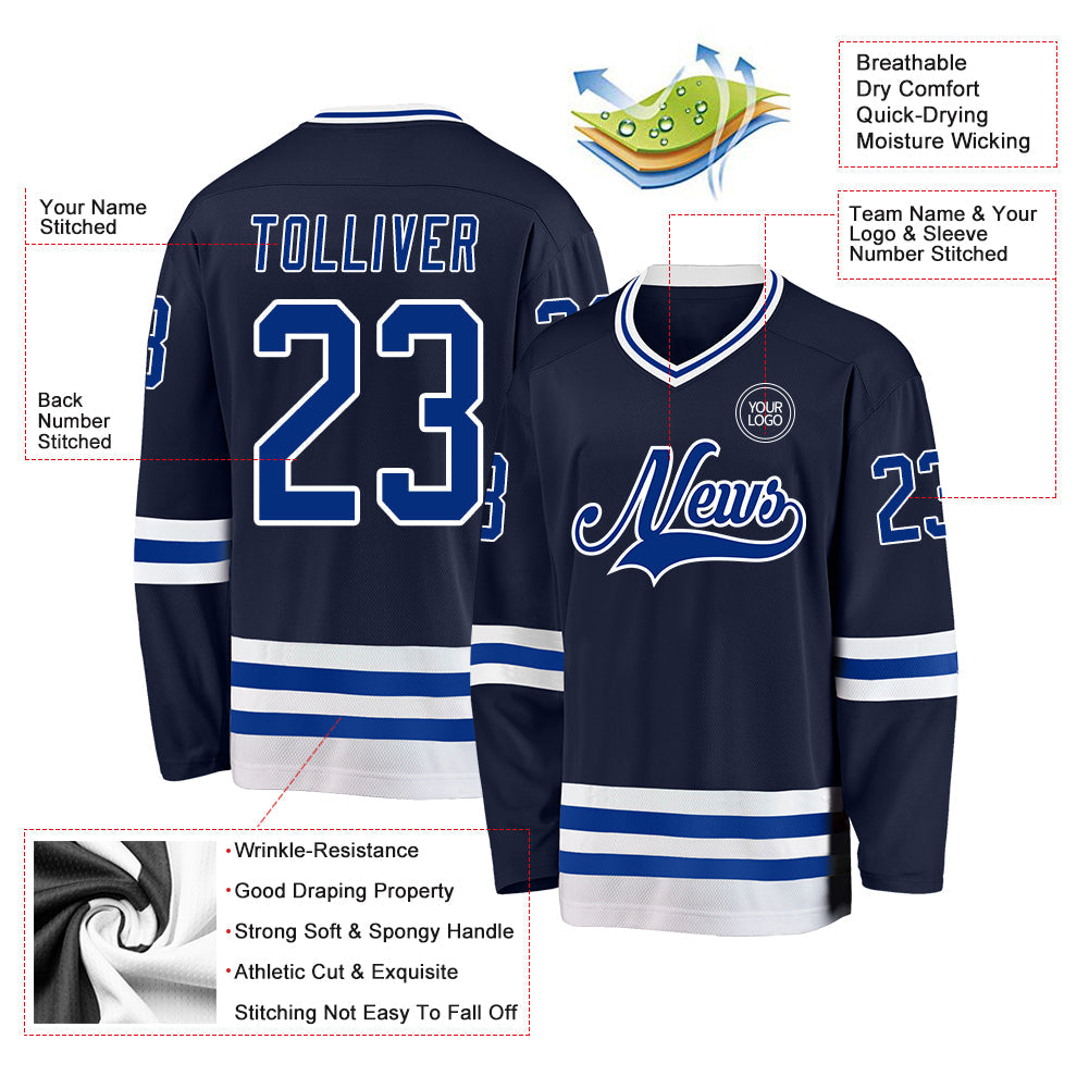 Custom Navy Royal-White Hockey Jersey view 3