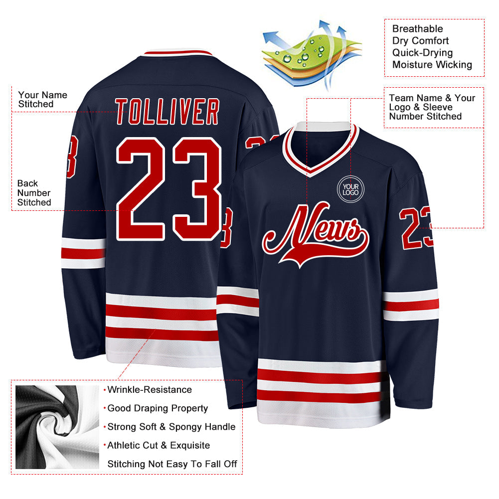 Custom Navy Red-White Hockey Jersey view 3