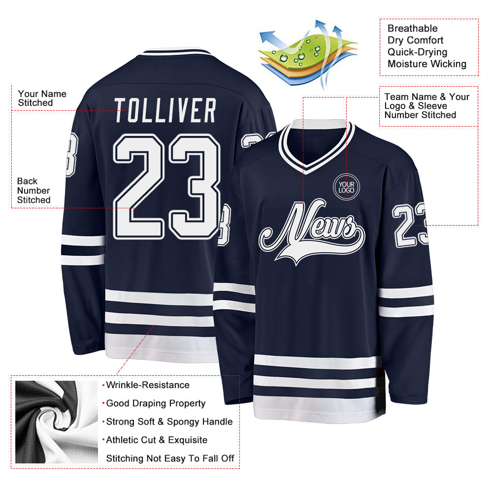 Custom Navy White Hockey Jersey view 3
