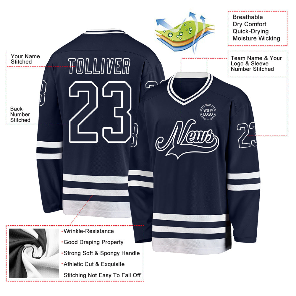 Custom Navy White Hockey Jersey view 3