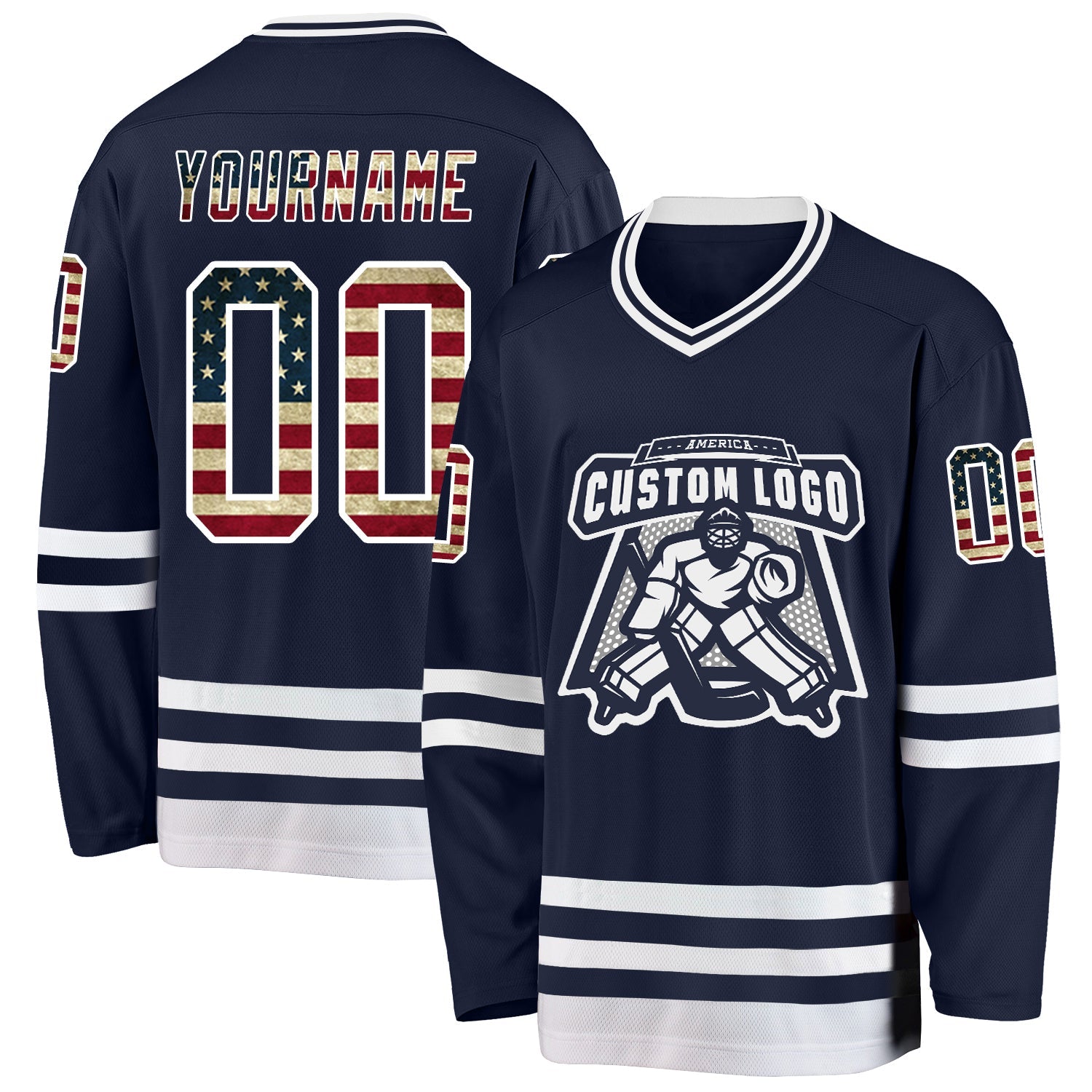 Custom Navy Vintage USA Flag-White Hockey Jersey view 2