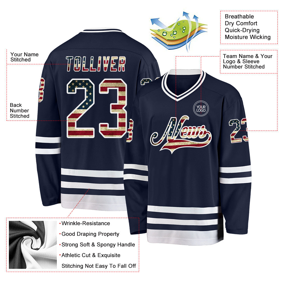 Custom Navy Vintage USA Flag-White Hockey Jersey view 3