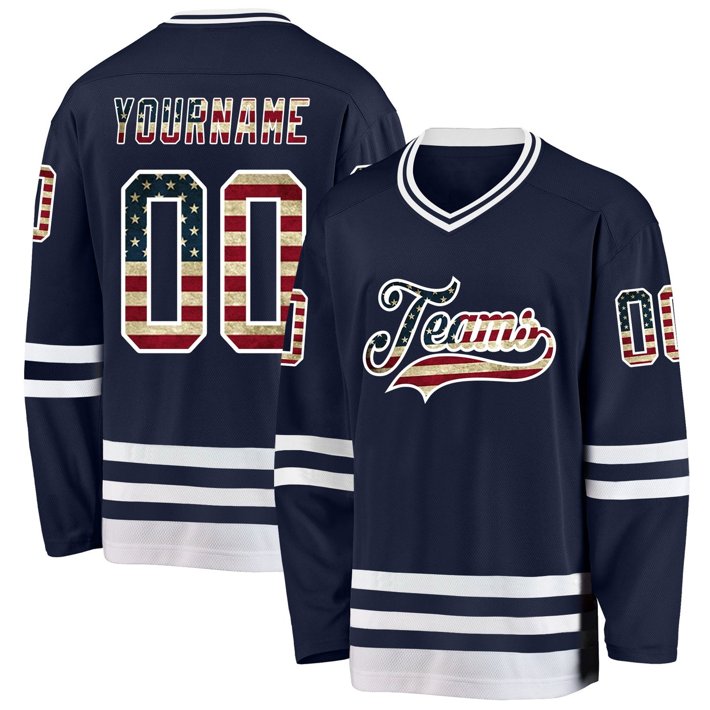 Custom Navy Vintage USA Flag-White Hockey Jersey - Main View