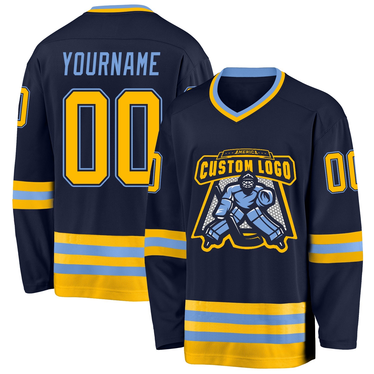 Custom Navy Gold-Light Blue Hockey Jersey view 2
