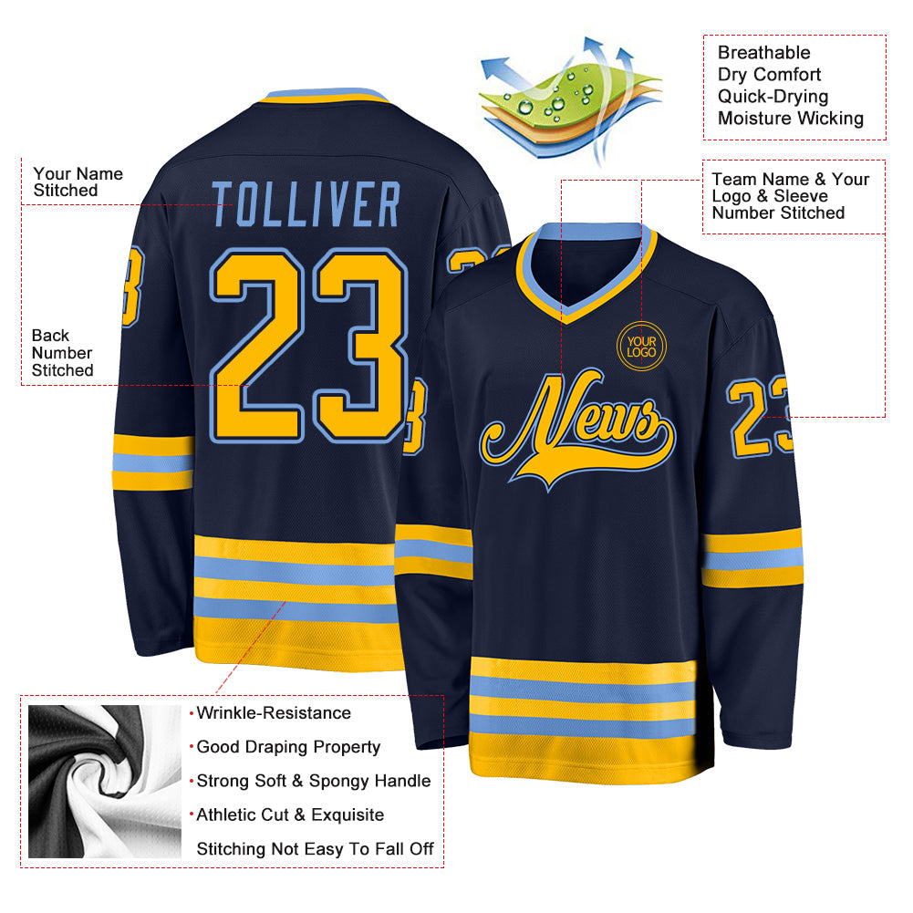 Custom Navy Gold-Light Blue Hockey Jersey view 3