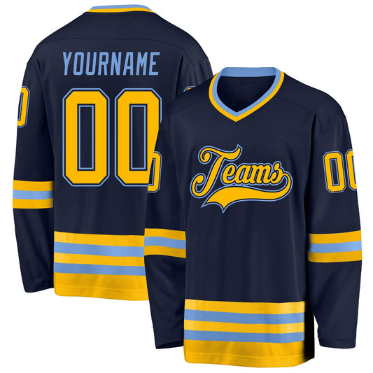 Custom Navy Gold-Light Blue Hockey Jersey - Main View