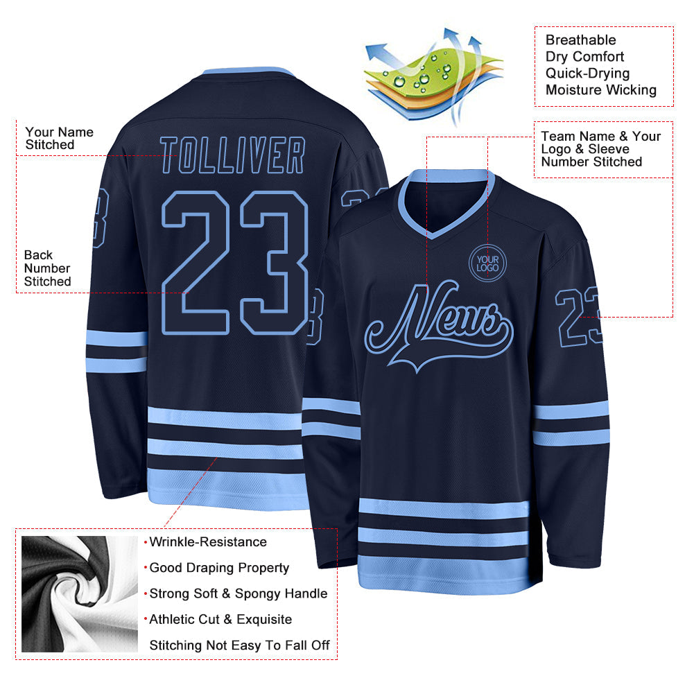 Custom Navy Light Blue Hockey Jersey view 3