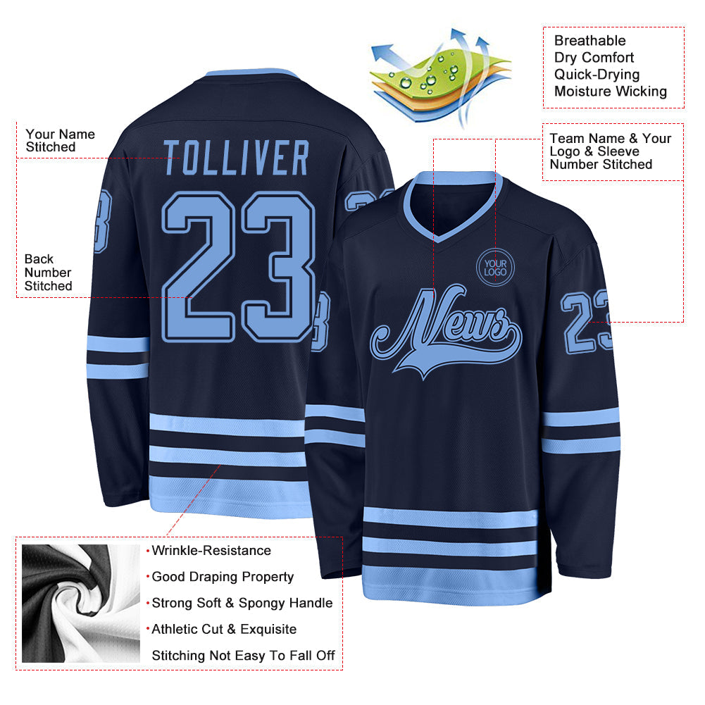 Custom Navy Light Blue Hockey Jersey view 3