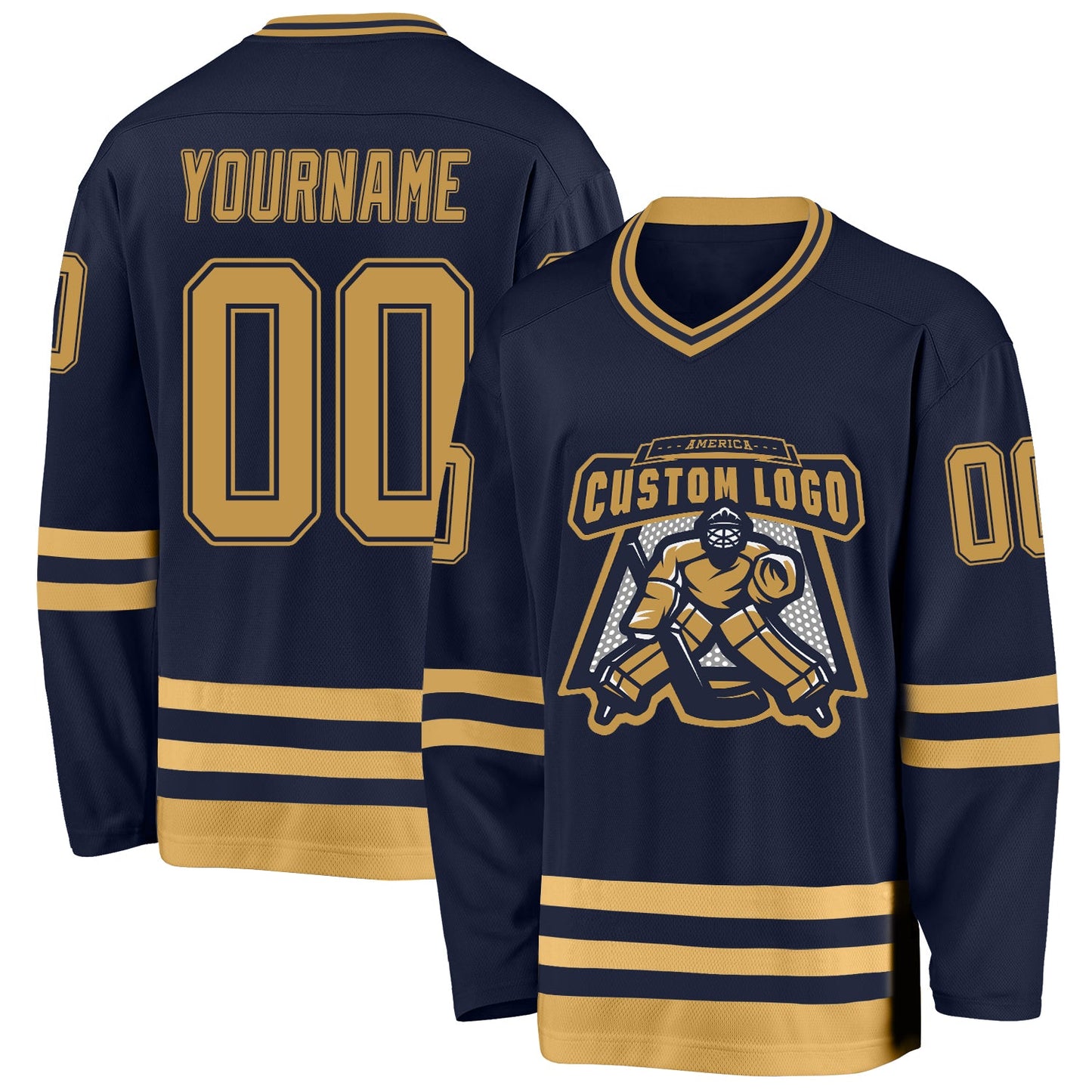 Custom Navy Old Gold Hockey Jersey view 2