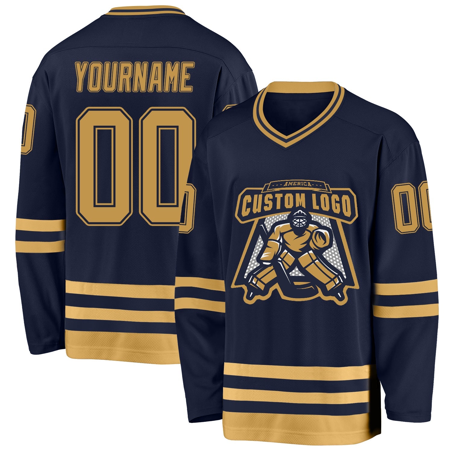 Custom Navy Old Gold Hockey Jersey view 2