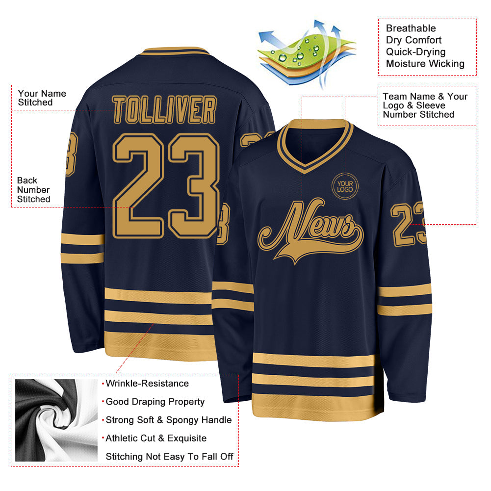 Custom Navy Old Gold Hockey Jersey view 3