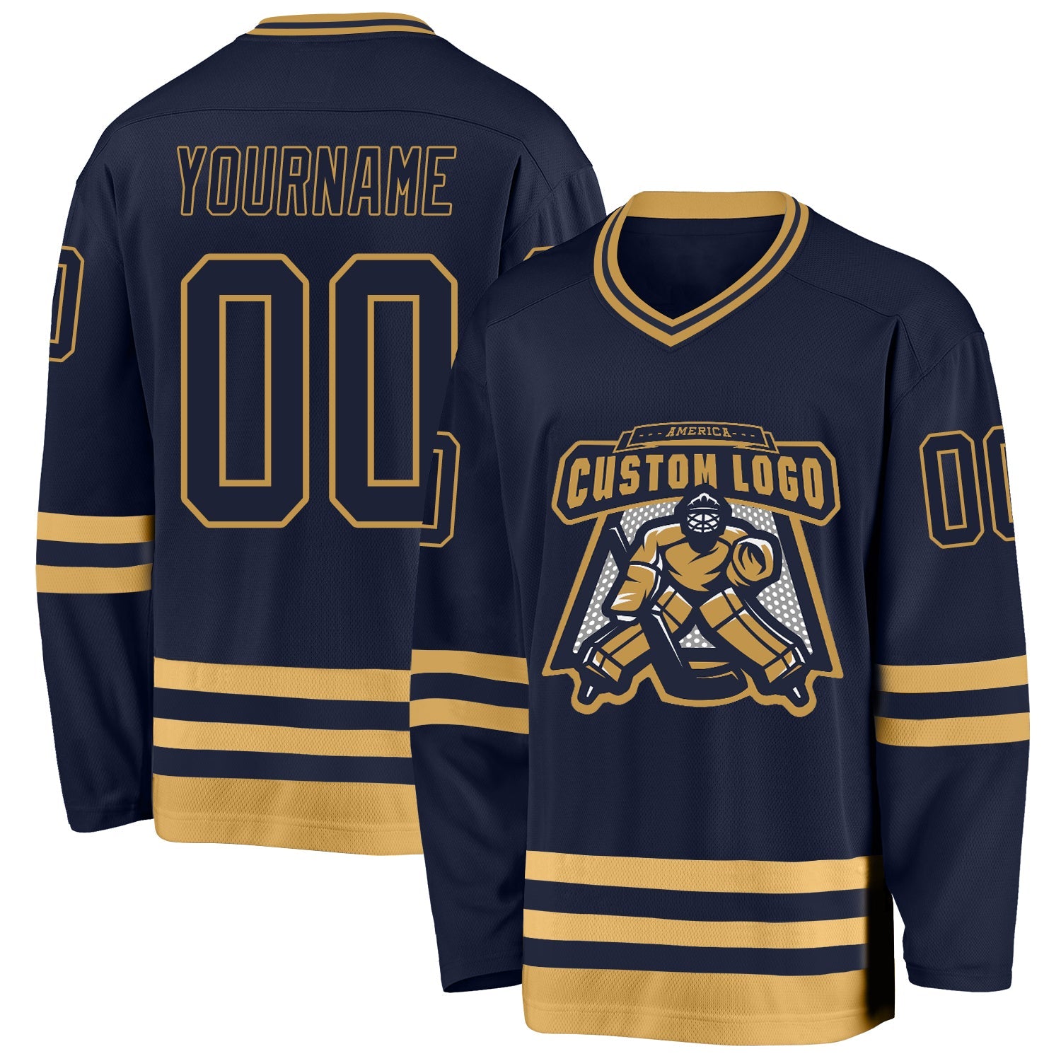 Custom Navy Old Gold Hockey Jersey view 2