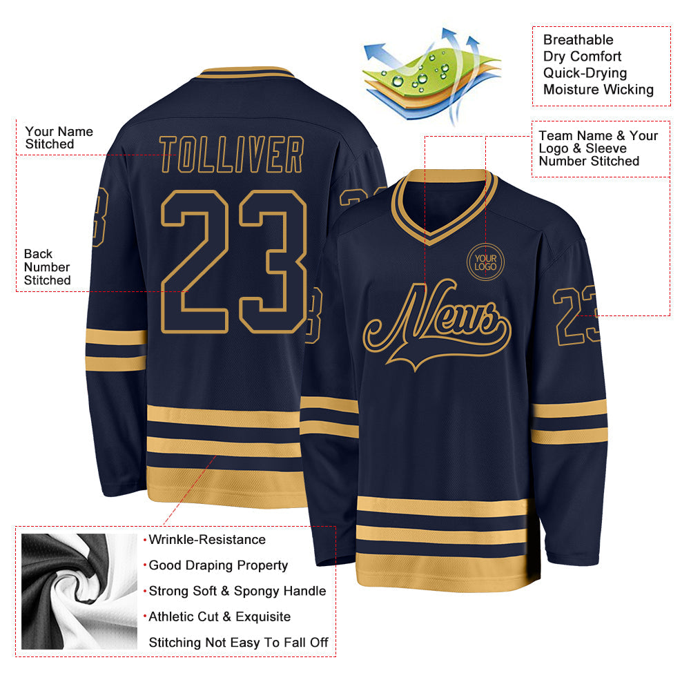 Custom Navy Old Gold Hockey Jersey view 3