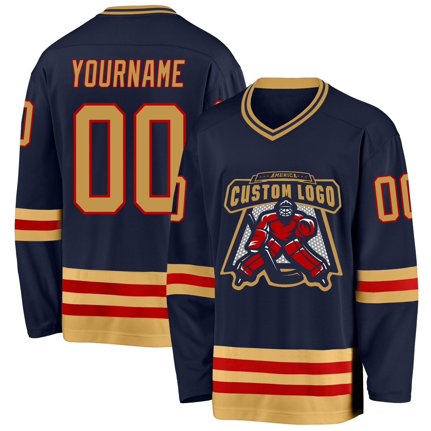 Custom Navy Old Gold-Red Hockey Jersey view 2