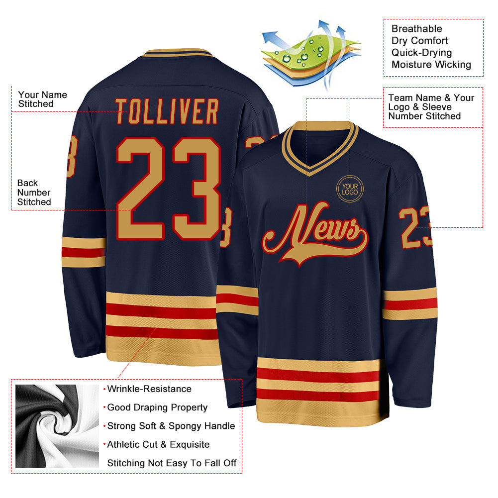 Custom Navy Old Gold-Red Hockey Jersey view 3