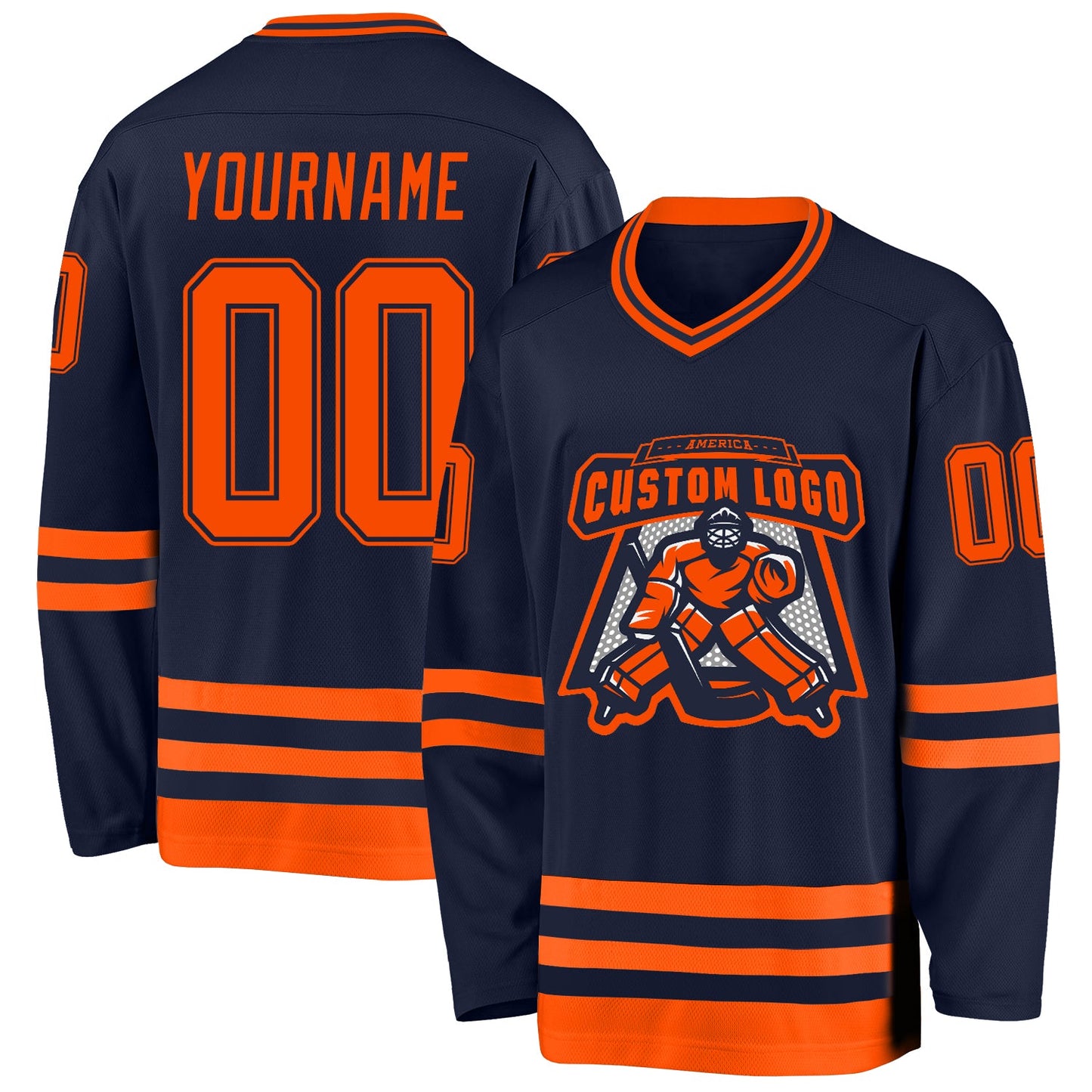 Custom Navy Orange Hockey Jersey view 2