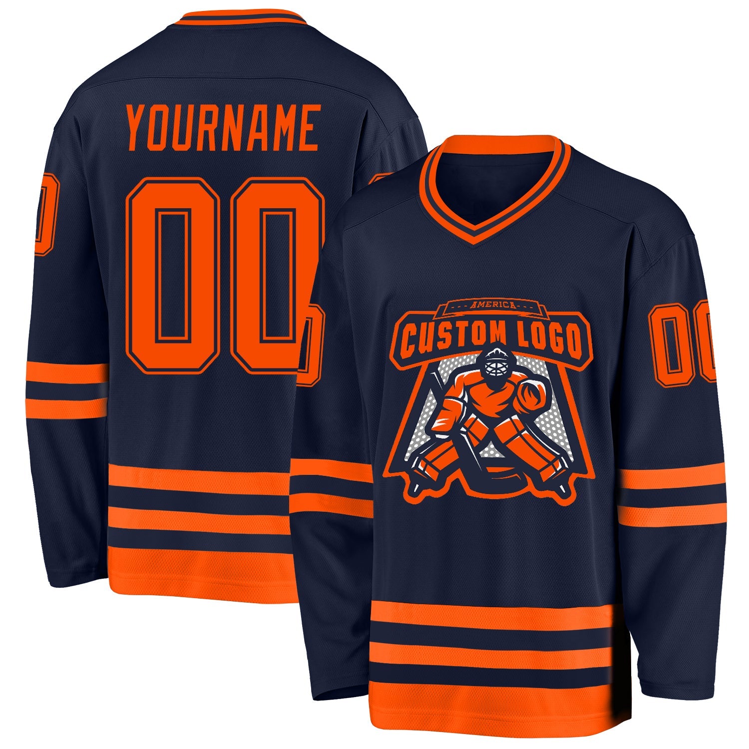Custom Navy Orange Hockey Jersey view 2