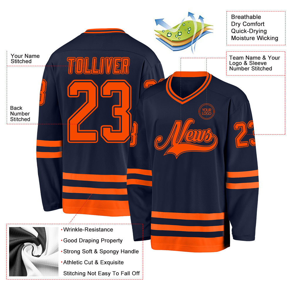 Custom Navy Orange Hockey Jersey view 3